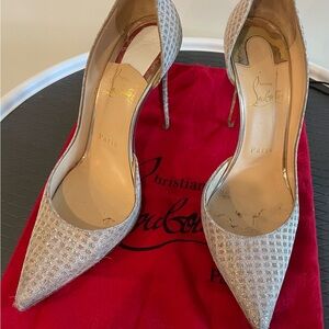 Christian Louboutin silver/gold D’orsey pointy toe, size 38 1/2.
